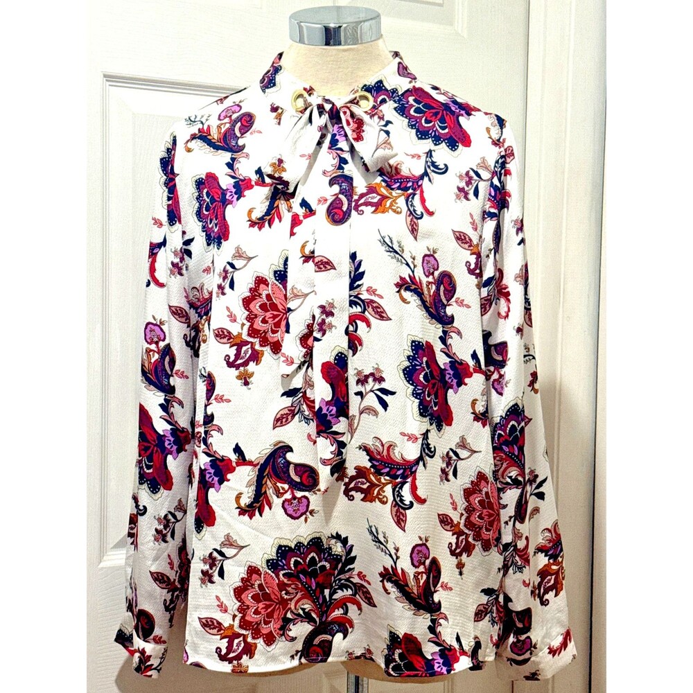 LIZ CLAIBORNE L Crema Romantic Paisley Floral Neck Tie Long Sleeve Blouse Office